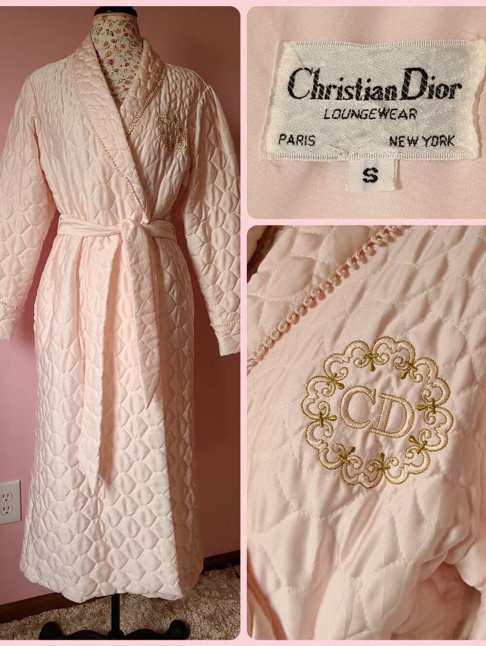 Rare Vintage Christian Dior Quilted Blush Satin Long Maxi Dressing Robe Size Sm